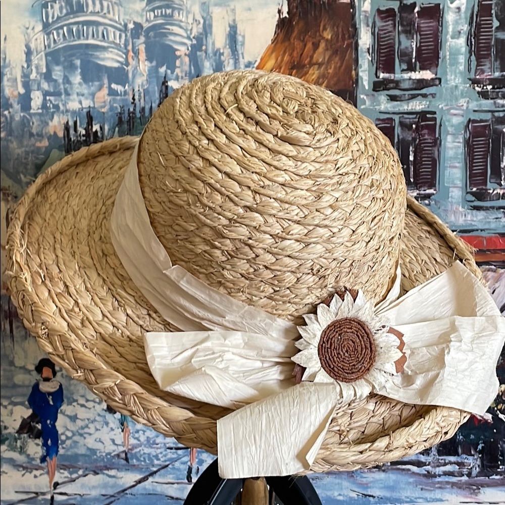 Street Level By Betmar Woven Straw Hat Raffia Trim Sunflower Accent Sz S 21”